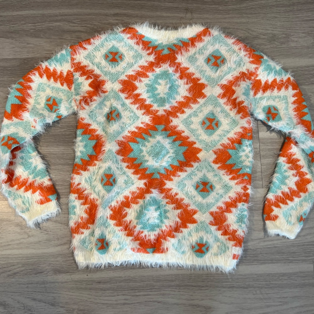 Fuzzy Aztec Pattern Sweater Small Orange Teal Cre… - image 2
